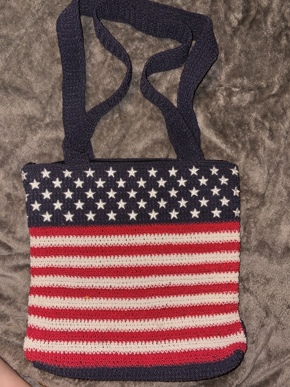 Hand-Crocheted American Flag Tote Bag - Navy, Red & White